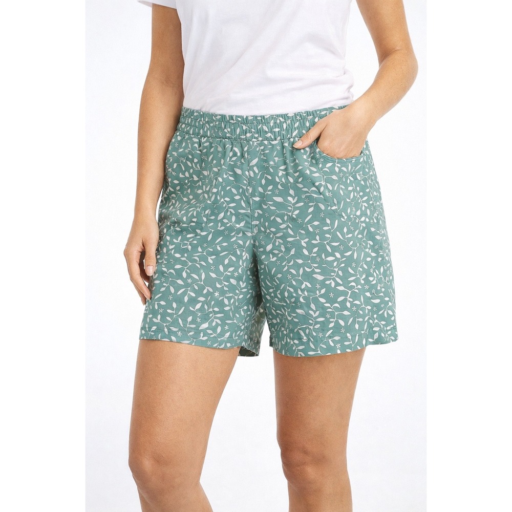 Lands End Womens Mid Rise Elastic Waist‎ Chino Shorts Teal Green Floral Vine 10